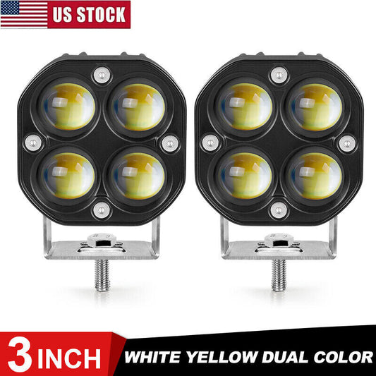 2X 3in LED Work Light Bar Pods Spot Driving Yellow White Dual Color Off Road Fog
