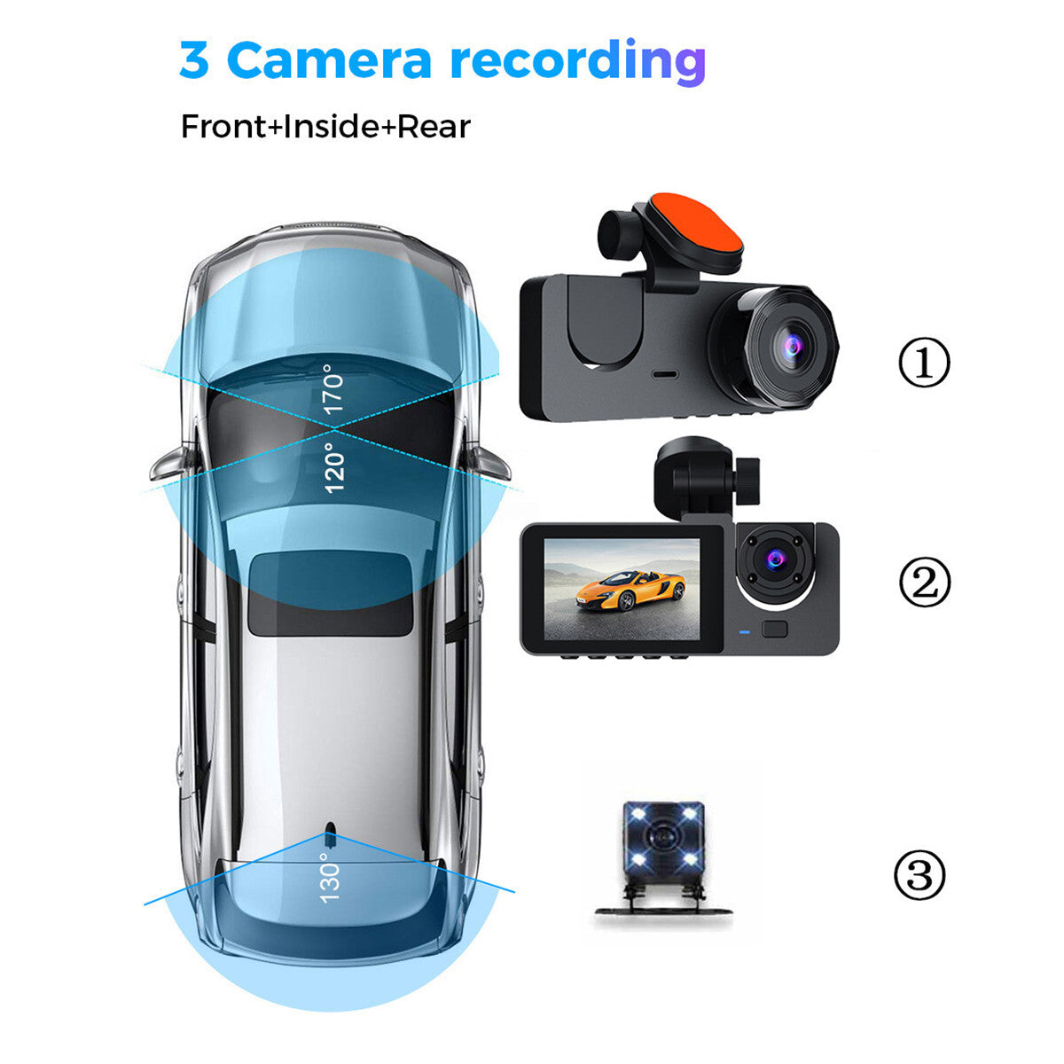 3 Lens Car DVR Dash Cam Video Recorder Front Rear Inside Camera Night Vision