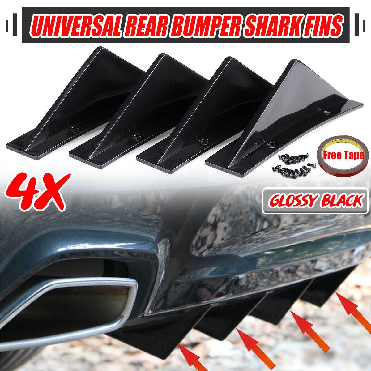 4-piece universal rear bumper diffuser shark fin arc boiler lip separator